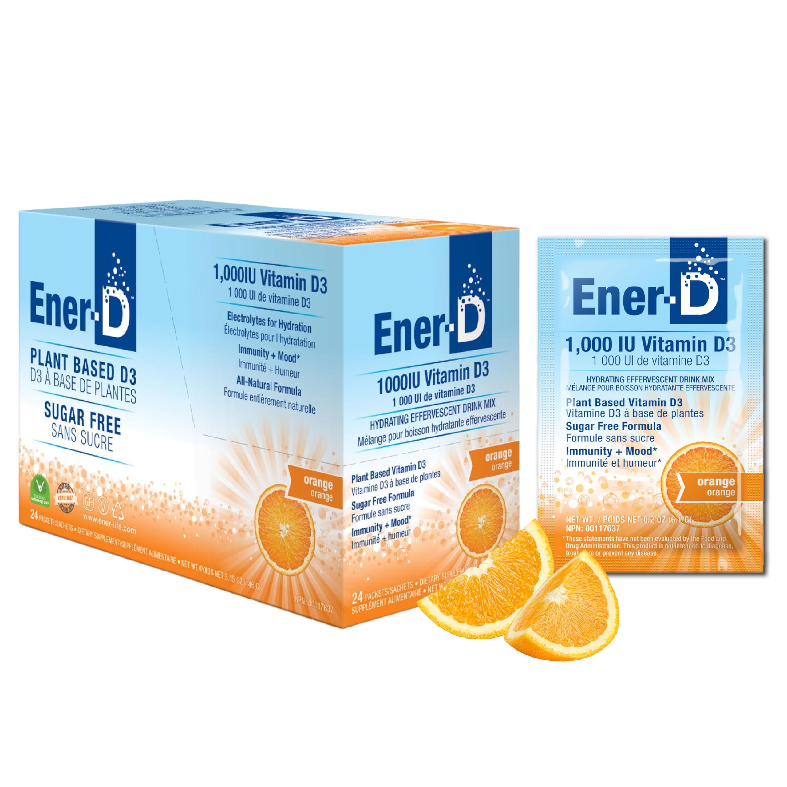 Ener-D orange powder packet for easy daily vitamin intake.