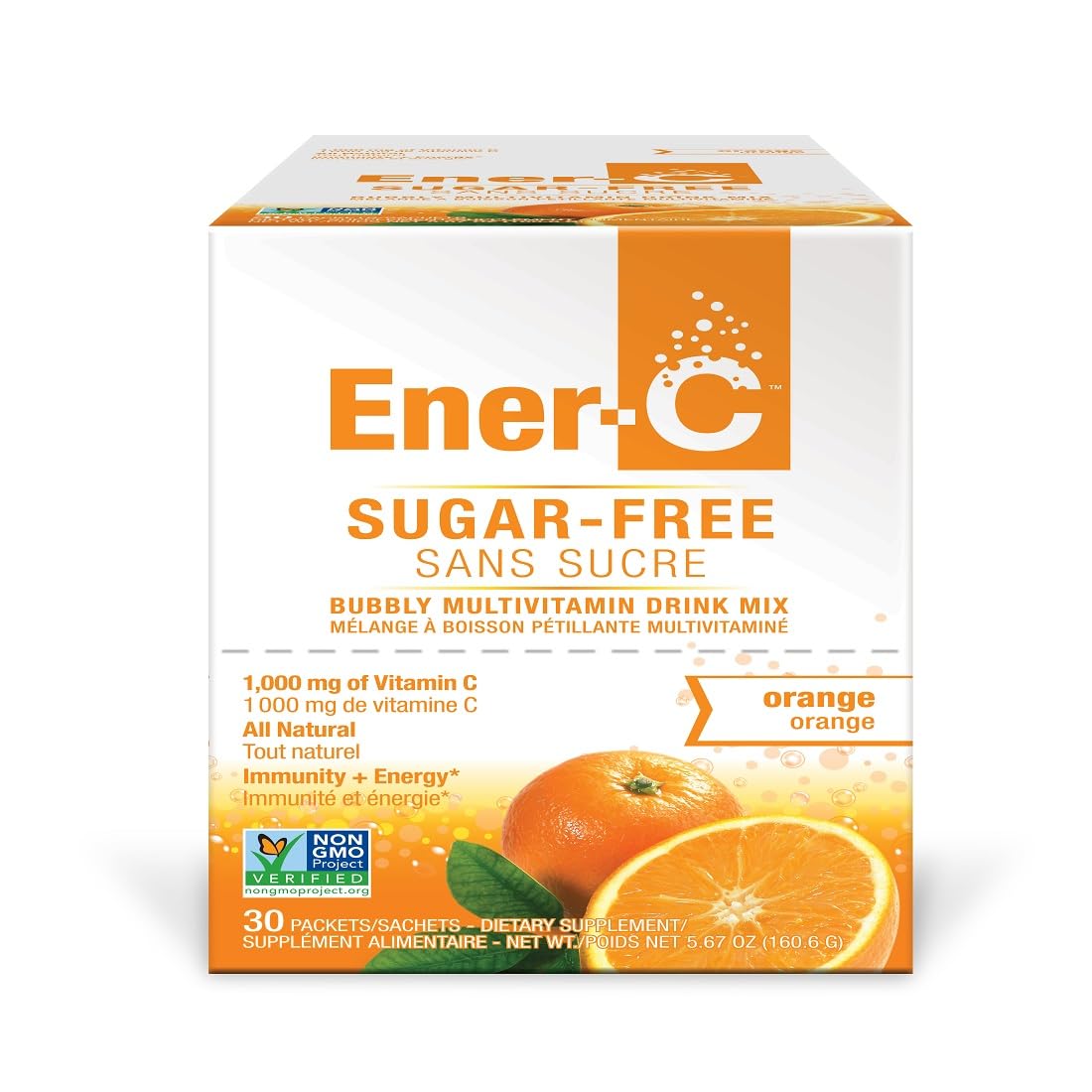 Ener-Life Orange sugar free vitamin C drink mix pack front, convenient daily hydration option.