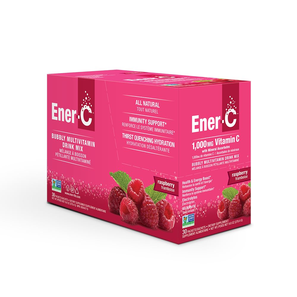 Ener-Life raspberry drink mix sachet dissolving in water bottle