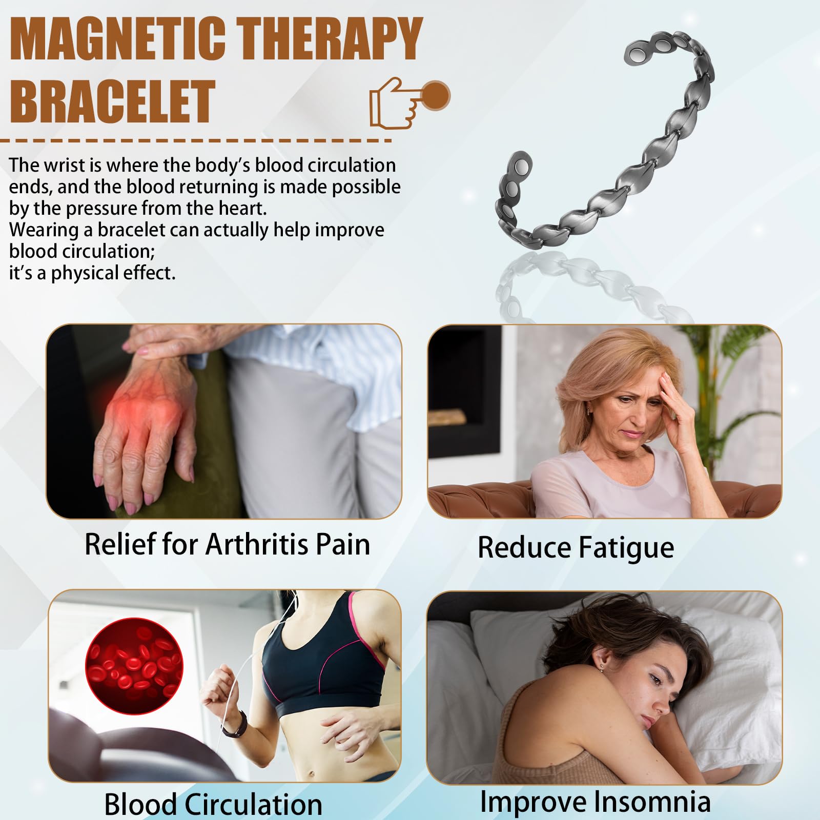 EnerCoppeX copper magnetic bracelet worn on the wrist, open adjustable design for comfort.