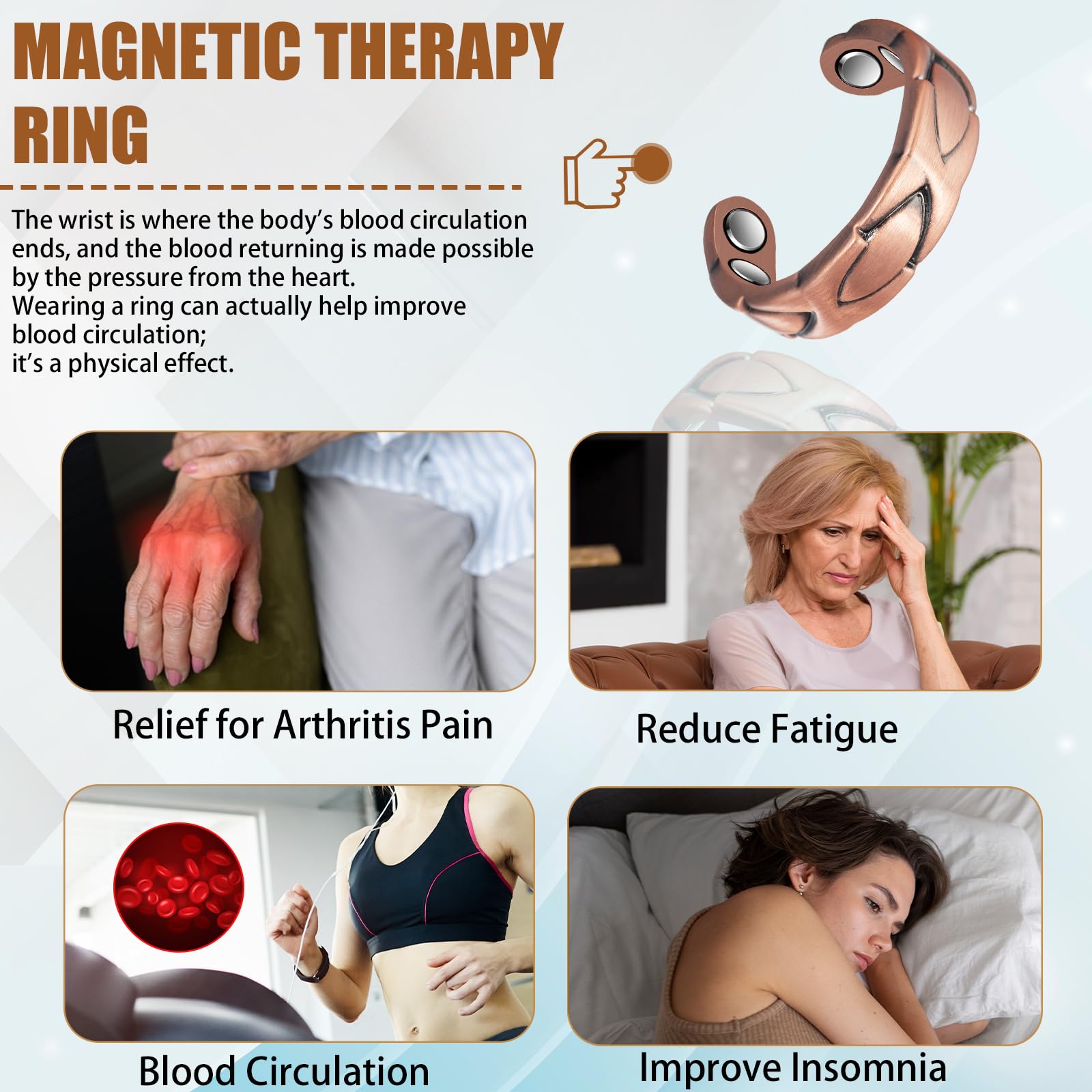 EnerCoppeX Copper Magnetic Ring worn on finger supports relaxation during daily activities.