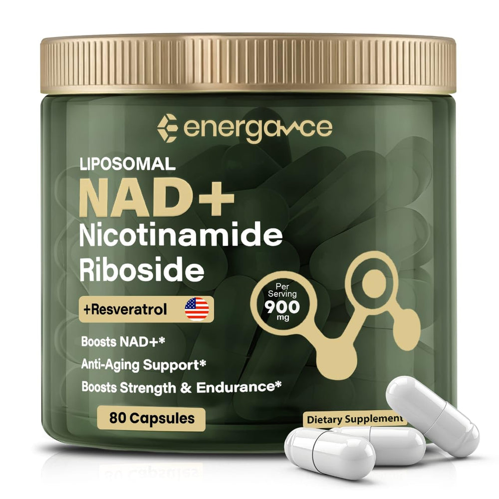 ENERGANCE NAD+ bottle front showing vegan energy capsules for daily vitality.