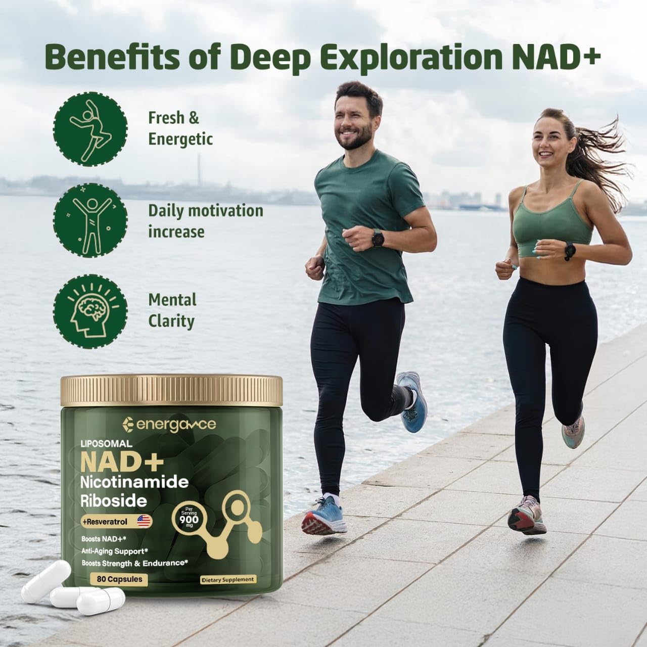 ENERGANCE NAD+ capsules closeup highlighting vegan ingredients and easy daily use for focus.