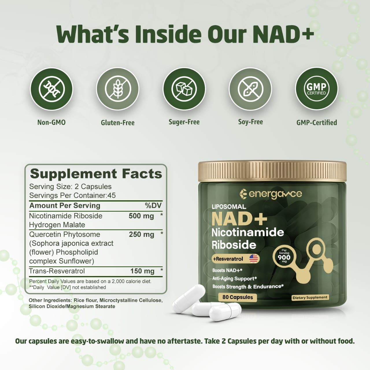 ENERGANCE NAD+ vegan formula label underscores cruelty-free and high-quality nutrition.
