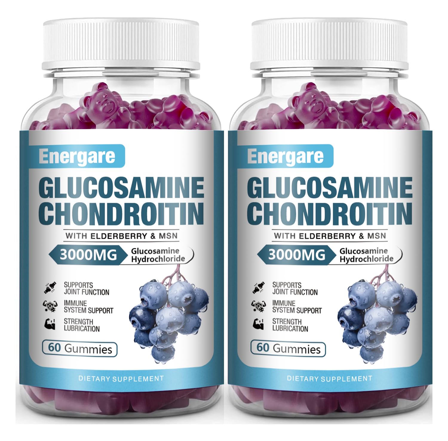 Energare 2-pack glucosamine chondroitin gummies bottle highlighting joint support for daily movement and mobility.