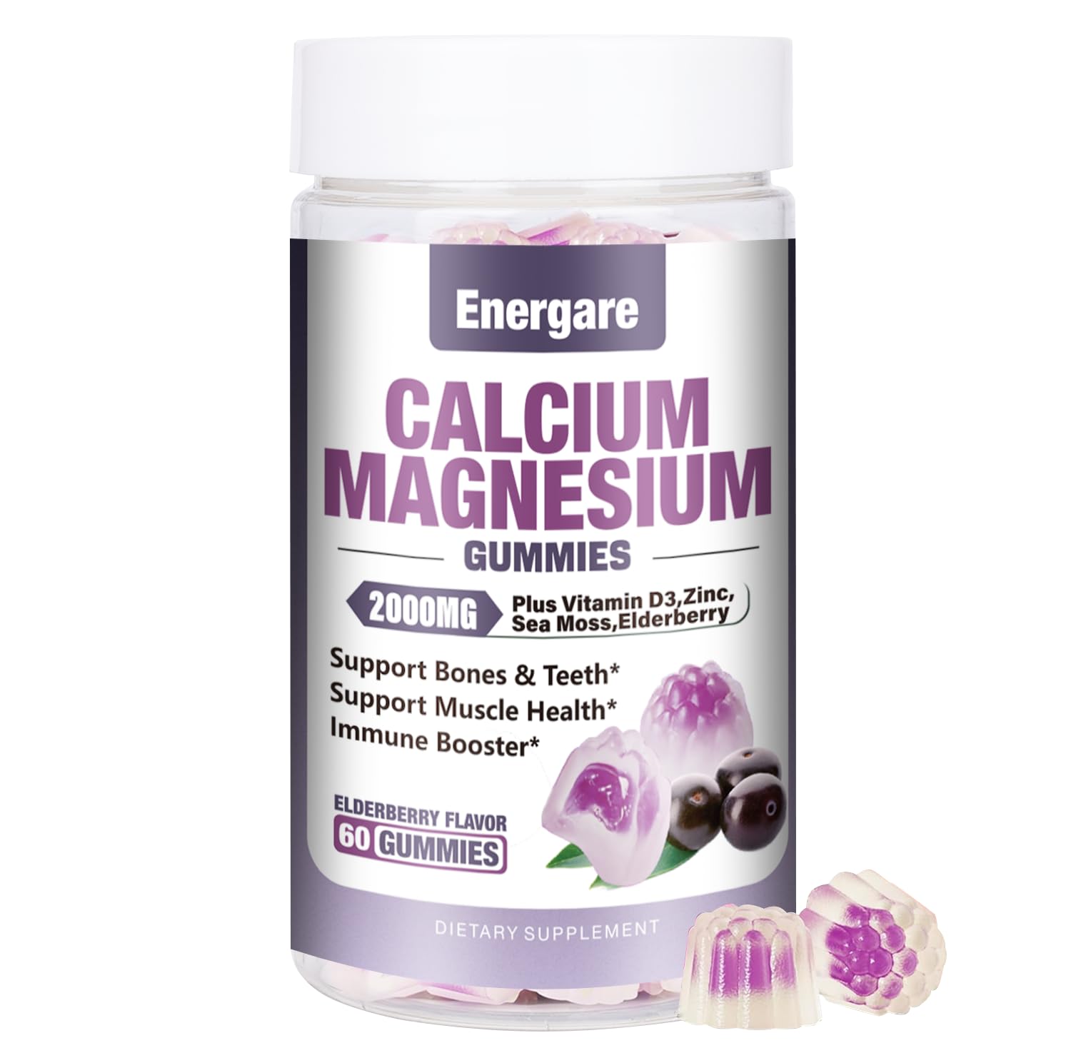 Energare Calcium Magnesium Zinc Gummies bottle close-up for bone and muscle support