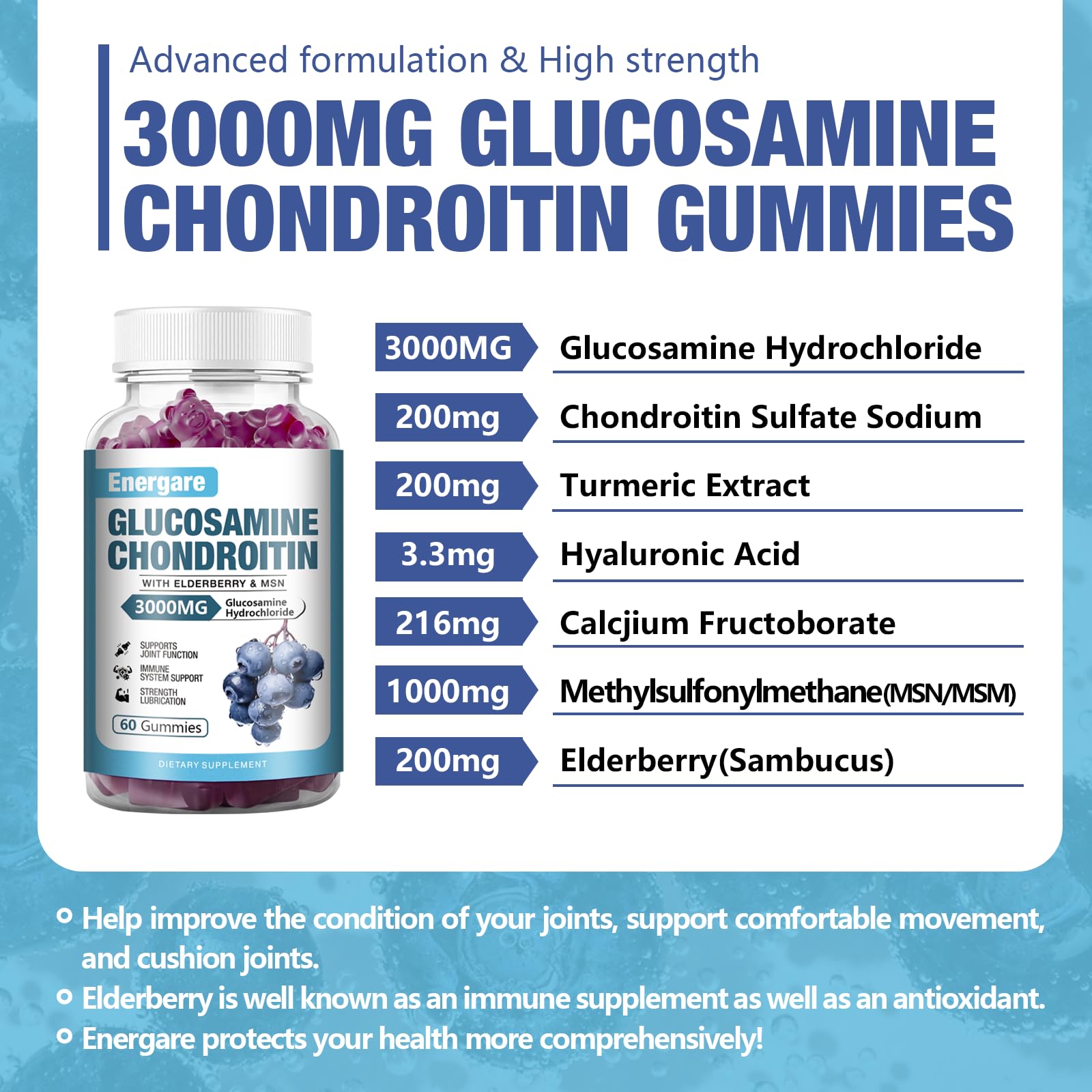 Energare elderberry immune-support gummies bag close-up emphasizes antioxidant support for adults.