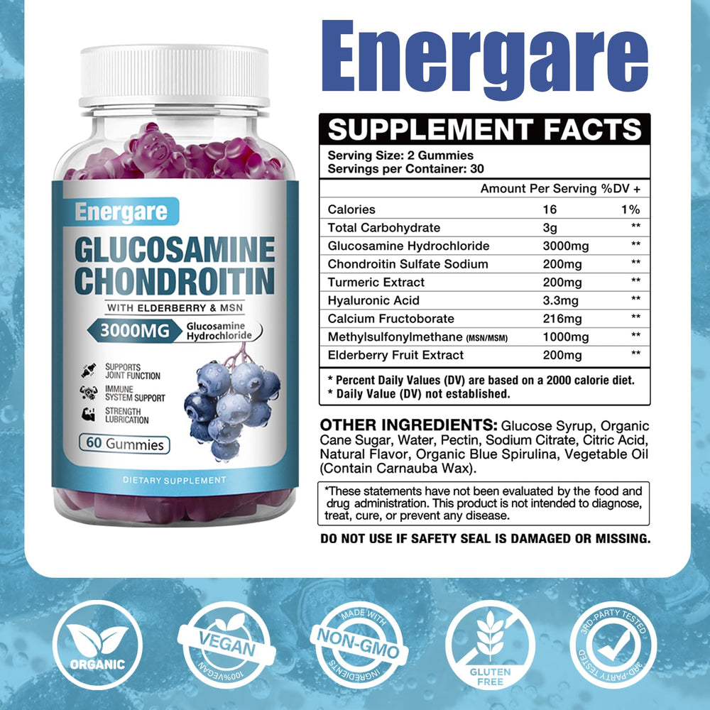 Energare glucosamine chondroitin MSM gummies box highlighting flexibility and comfortable movement.