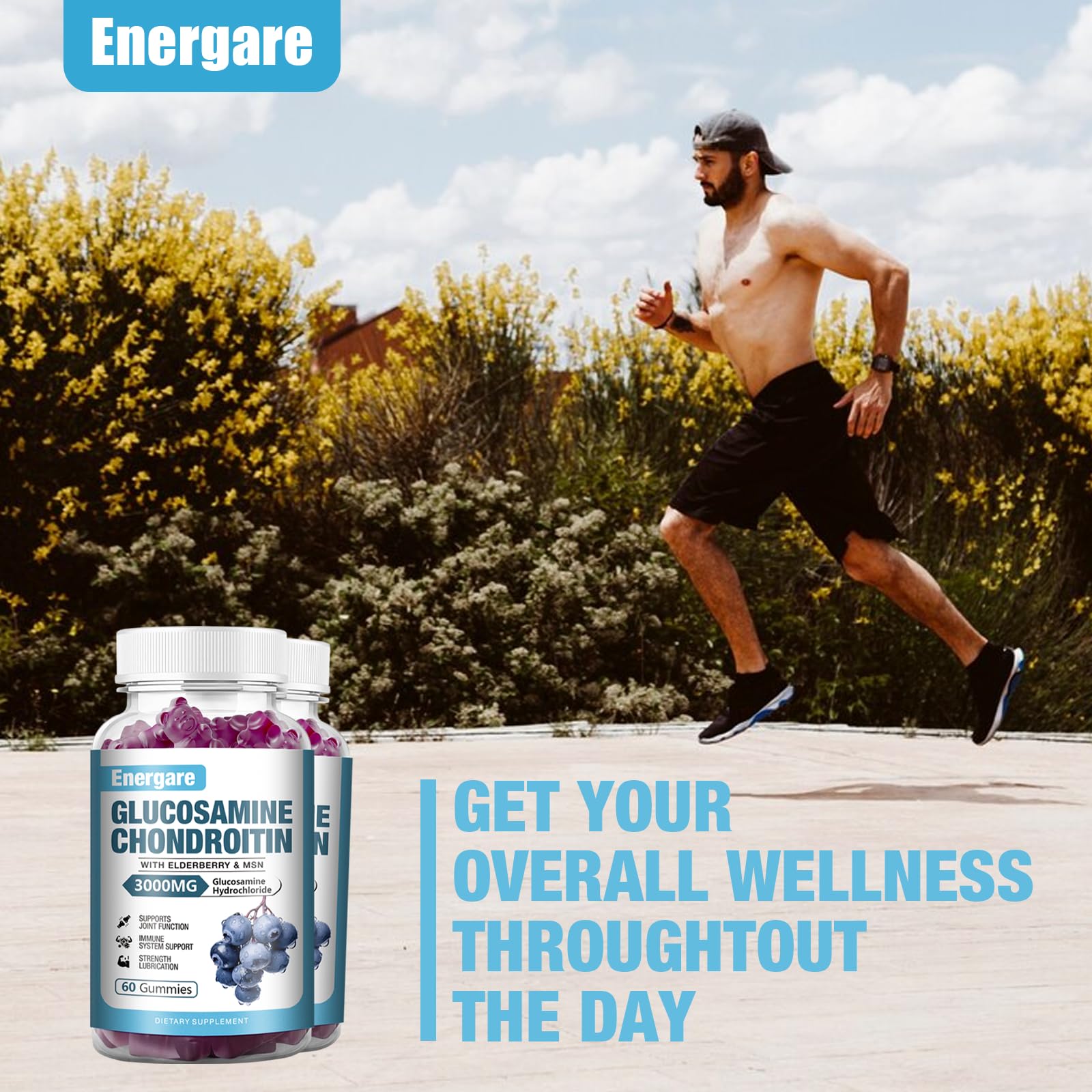 Energare gummies spilled on surface illustrating bite-sized on-the-go joint support.