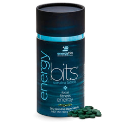 ENERGYBITS spirulina tablets in bottle front for quick, clean energy.