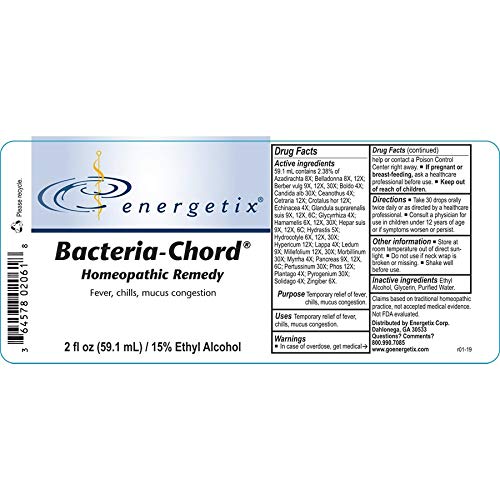 Energetix Bacteria-Chord label close-up, highlighting the nosode detoxifier concept for holistic routines.
