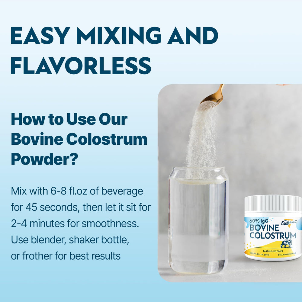 Energievoll colostrum powder shown with glass to illustrate gentle processing.
