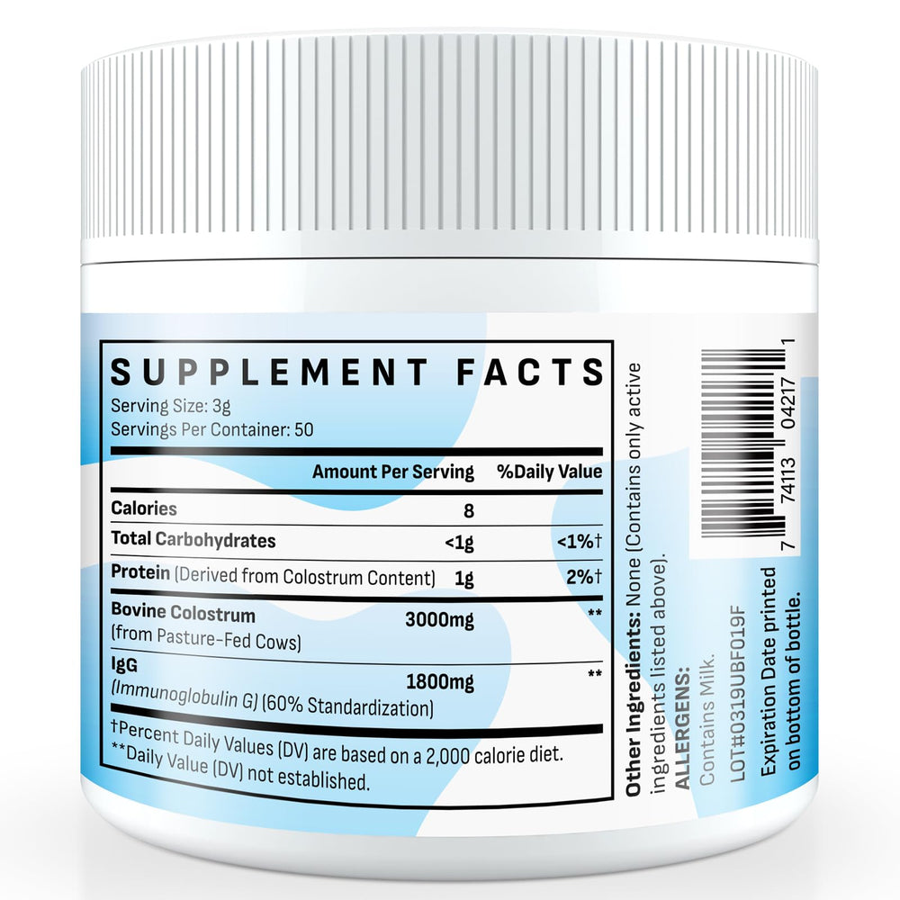 Energievoll unflavored colostrum powder poured into a glass.