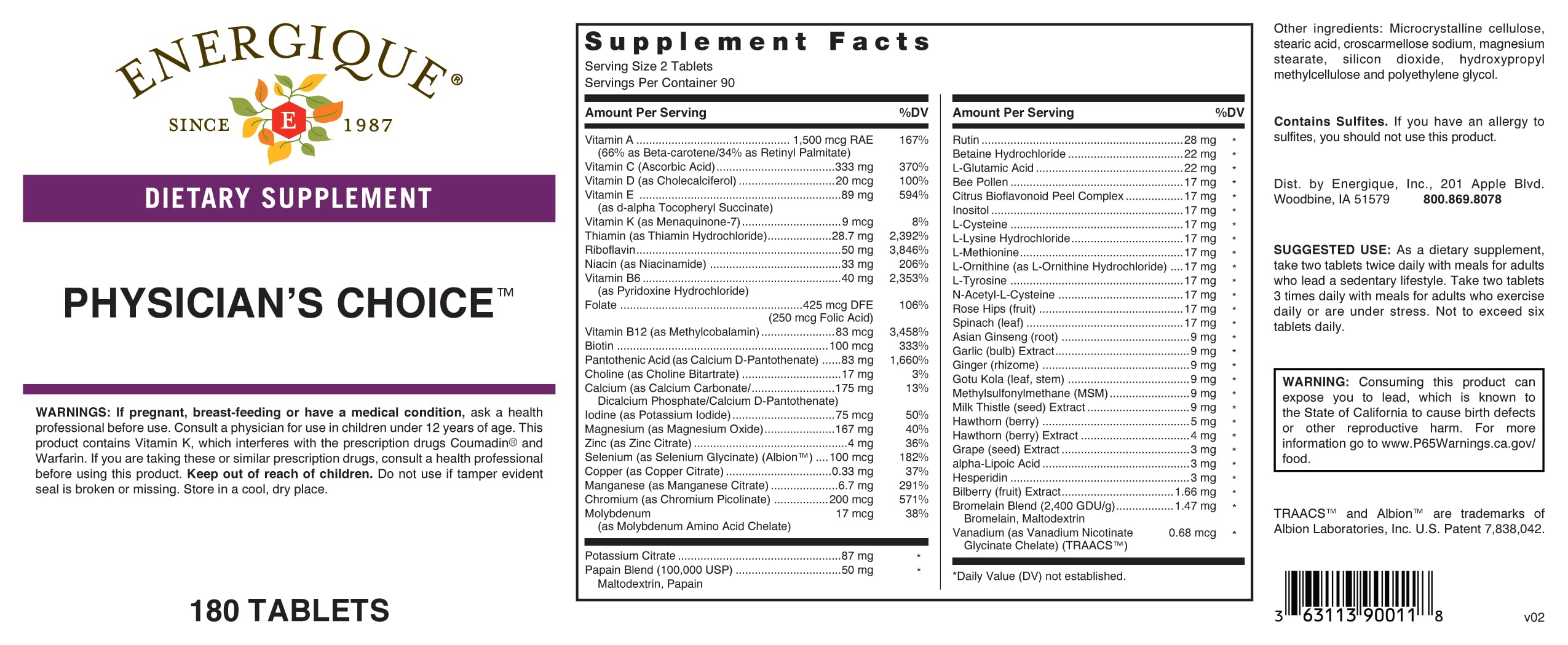 Energique Physician's Choice capsules closeup, convenient daily nutrient support.