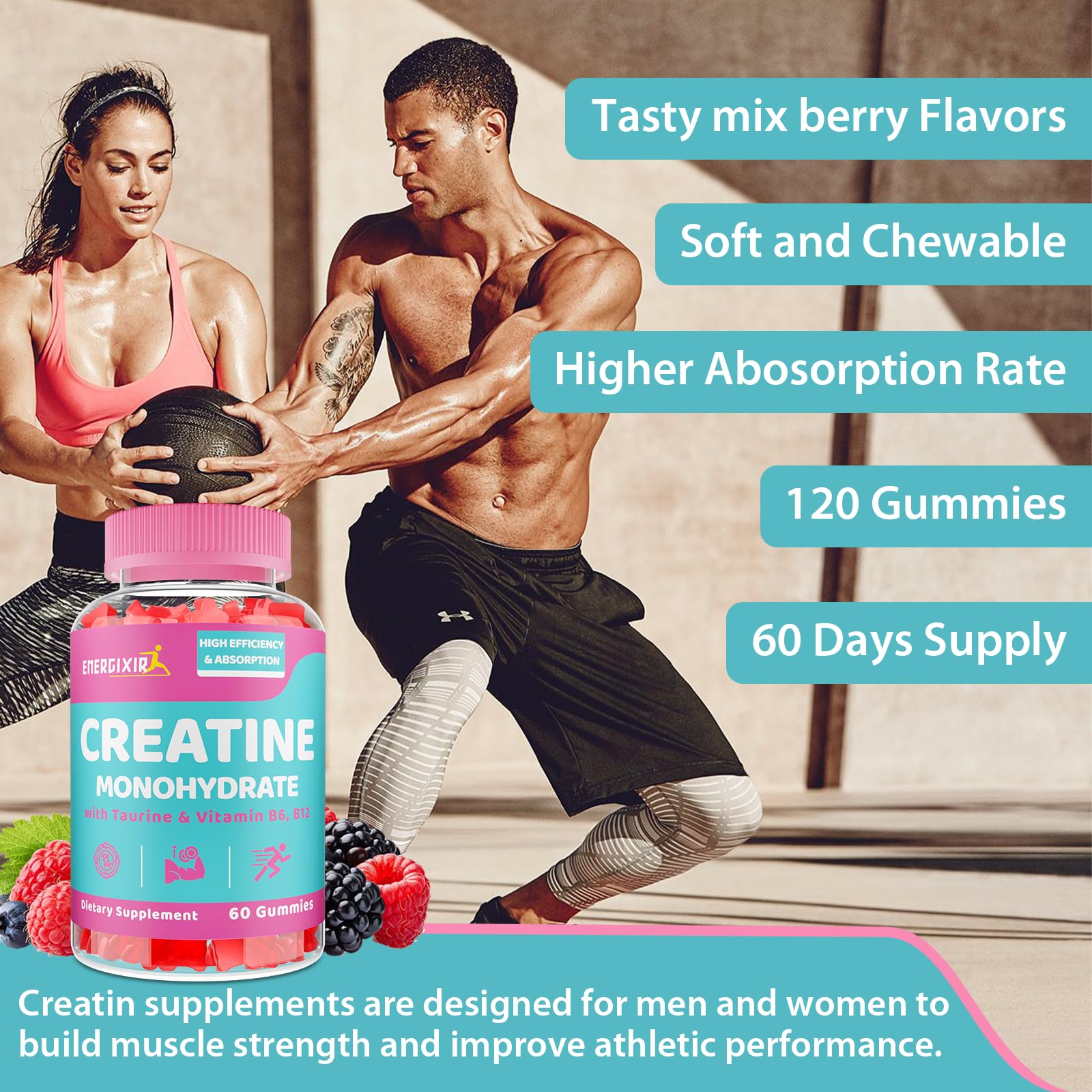 Energixir creatine gummies bottle open on gym bench