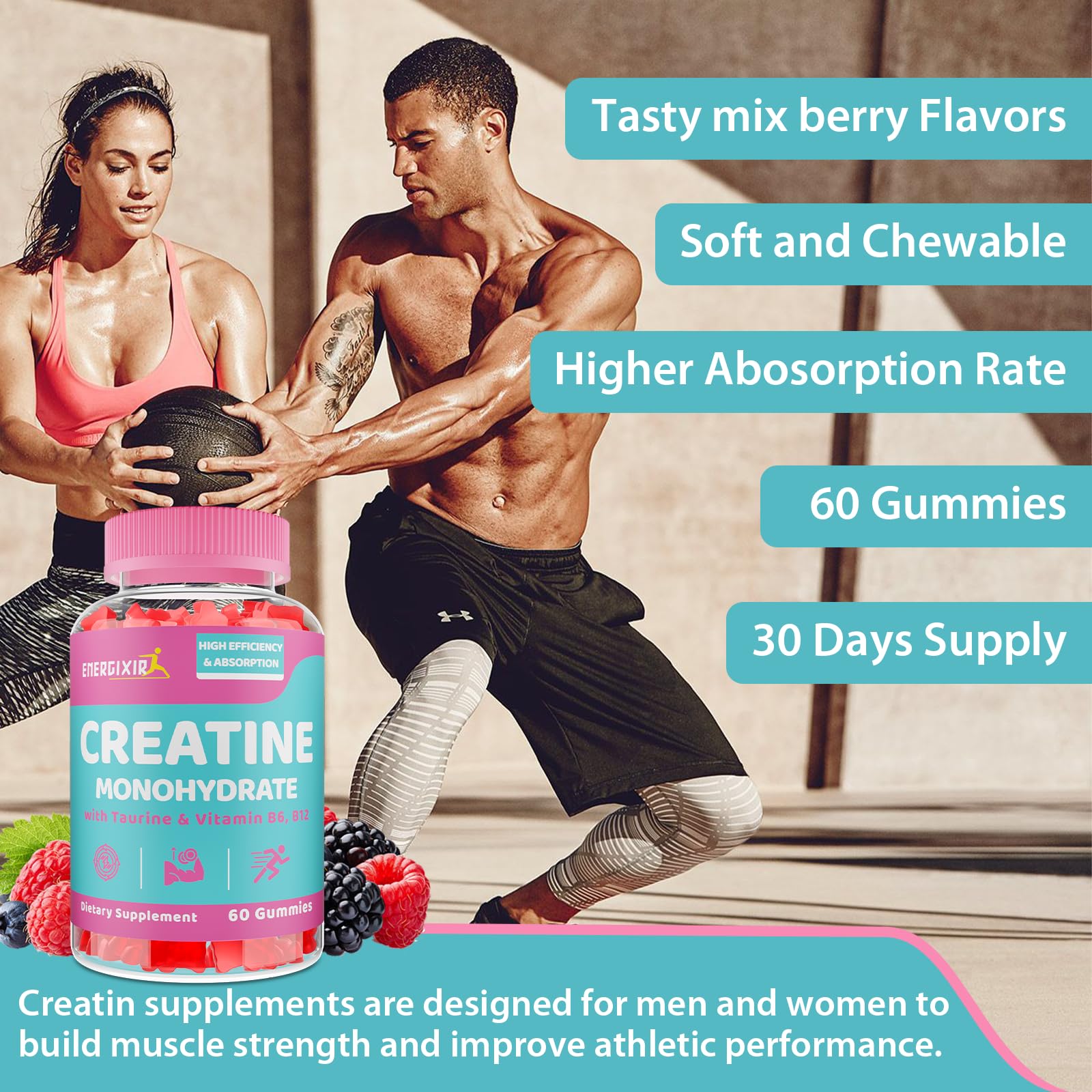 Energixir label highlights 60 gummies and 5 g per serving for strength