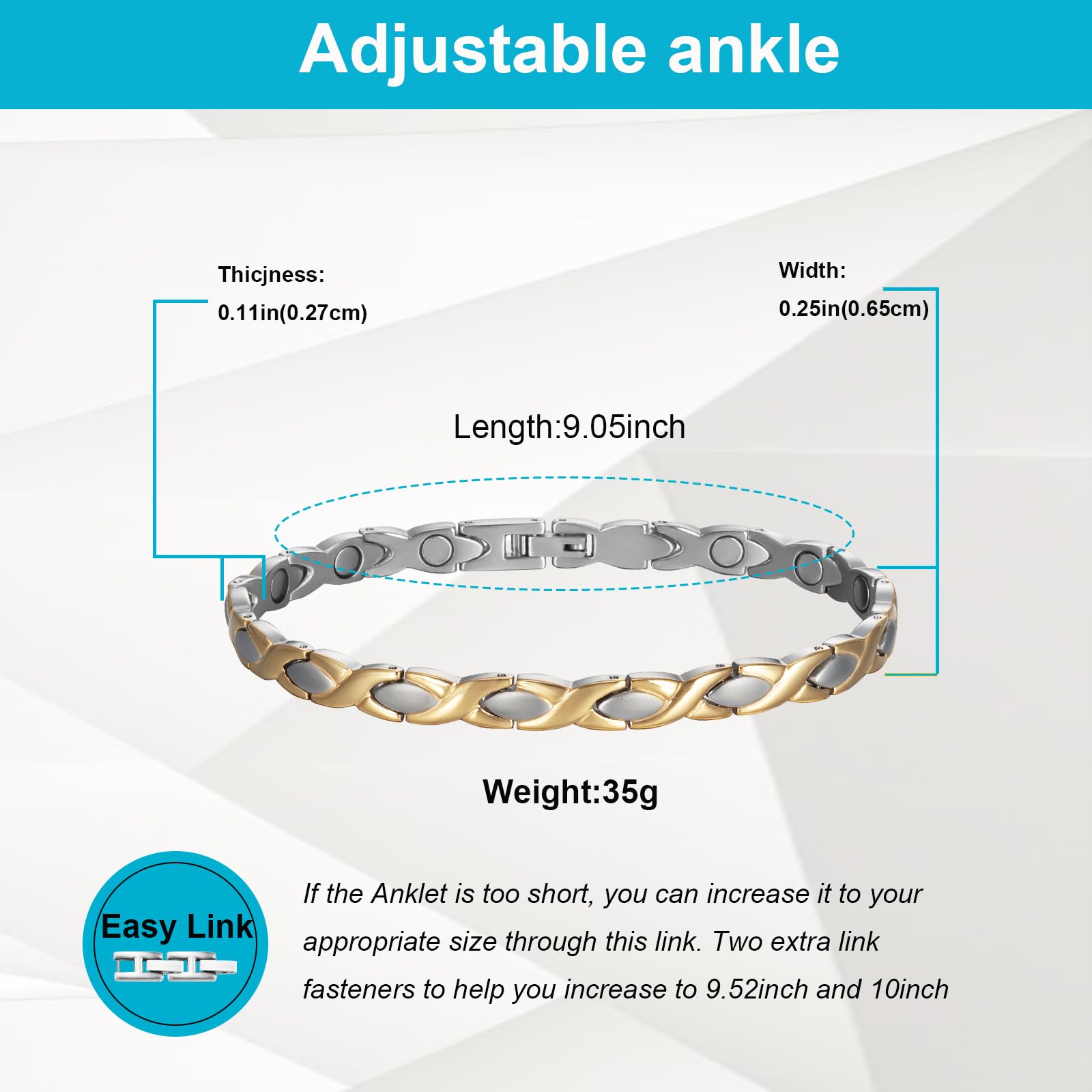 EnerMagiX 316L stainless steel anklet close-up, rust-free and nickel-free for sensitive skin.
