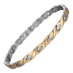 EnerMagiX magnetic ankle bracelet for women, sleek stainless steel, comfortable daily wear.