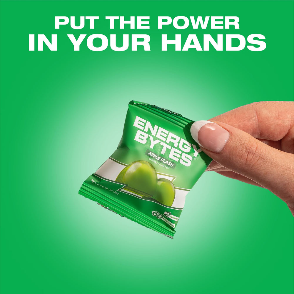 Close-up of Energy Bytes Apple Flash gummies mid-bite for endurance.