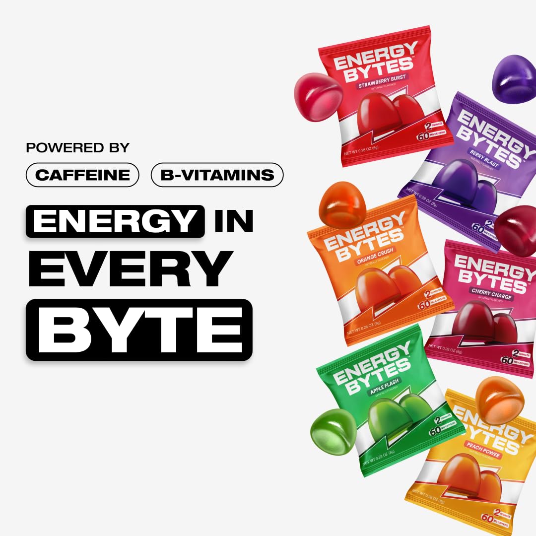 Energy Bytes bottle close-up highlighting easy-digest chews for on-the-go fueling.