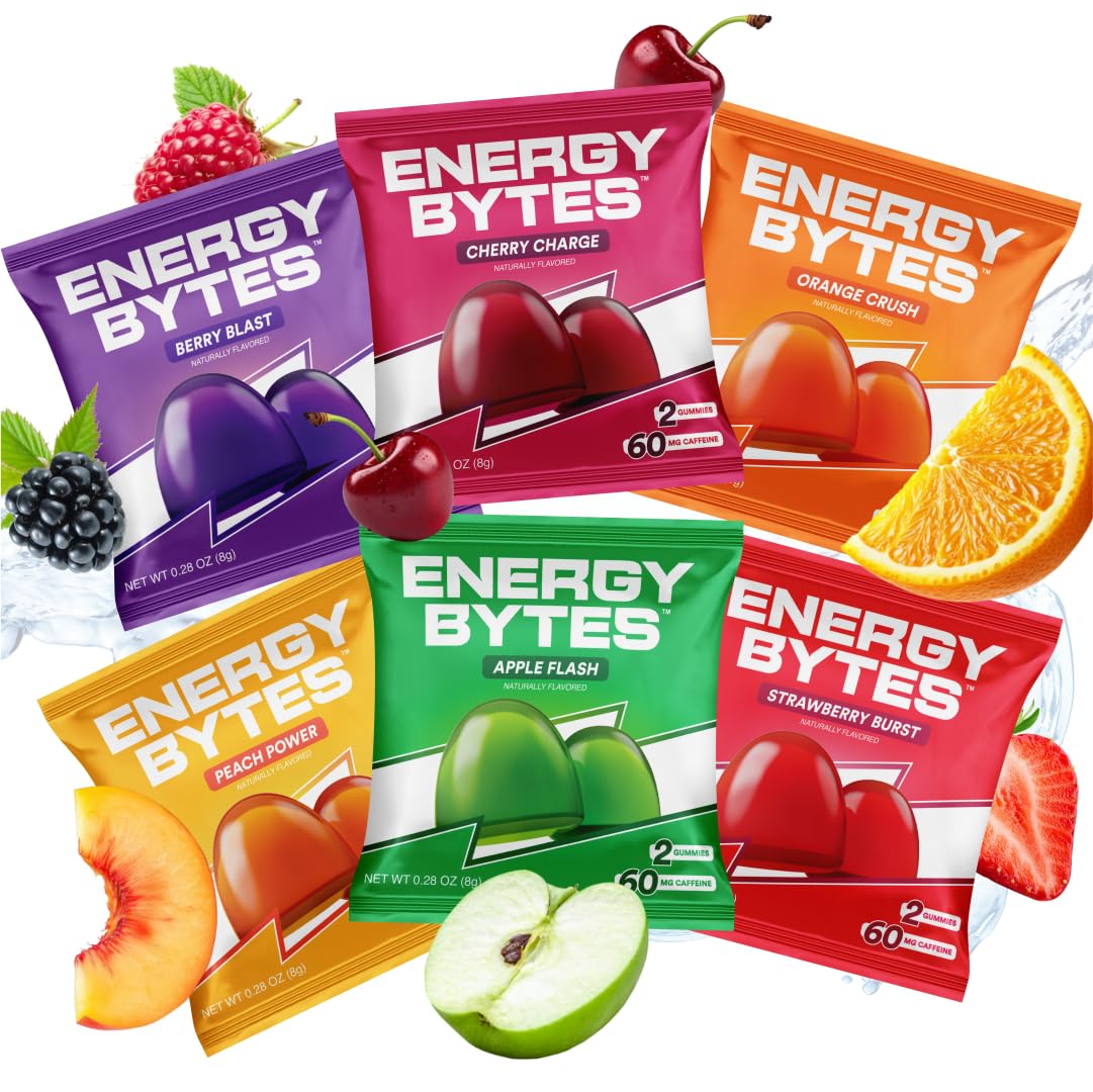 Energy Bytes caffeine gummies pack front for quick energy before workouts.