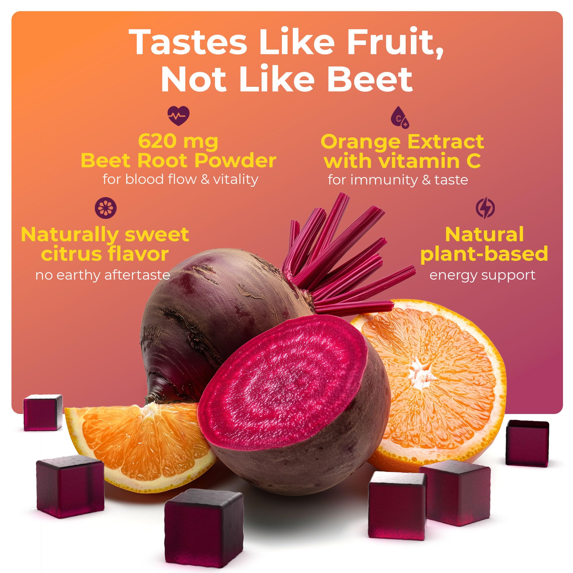 Energy of Life beet gummies on display highlighting vegan heart health.