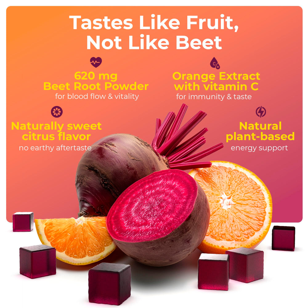Energy of Life beet gummies on display highlighting vegan heart health.