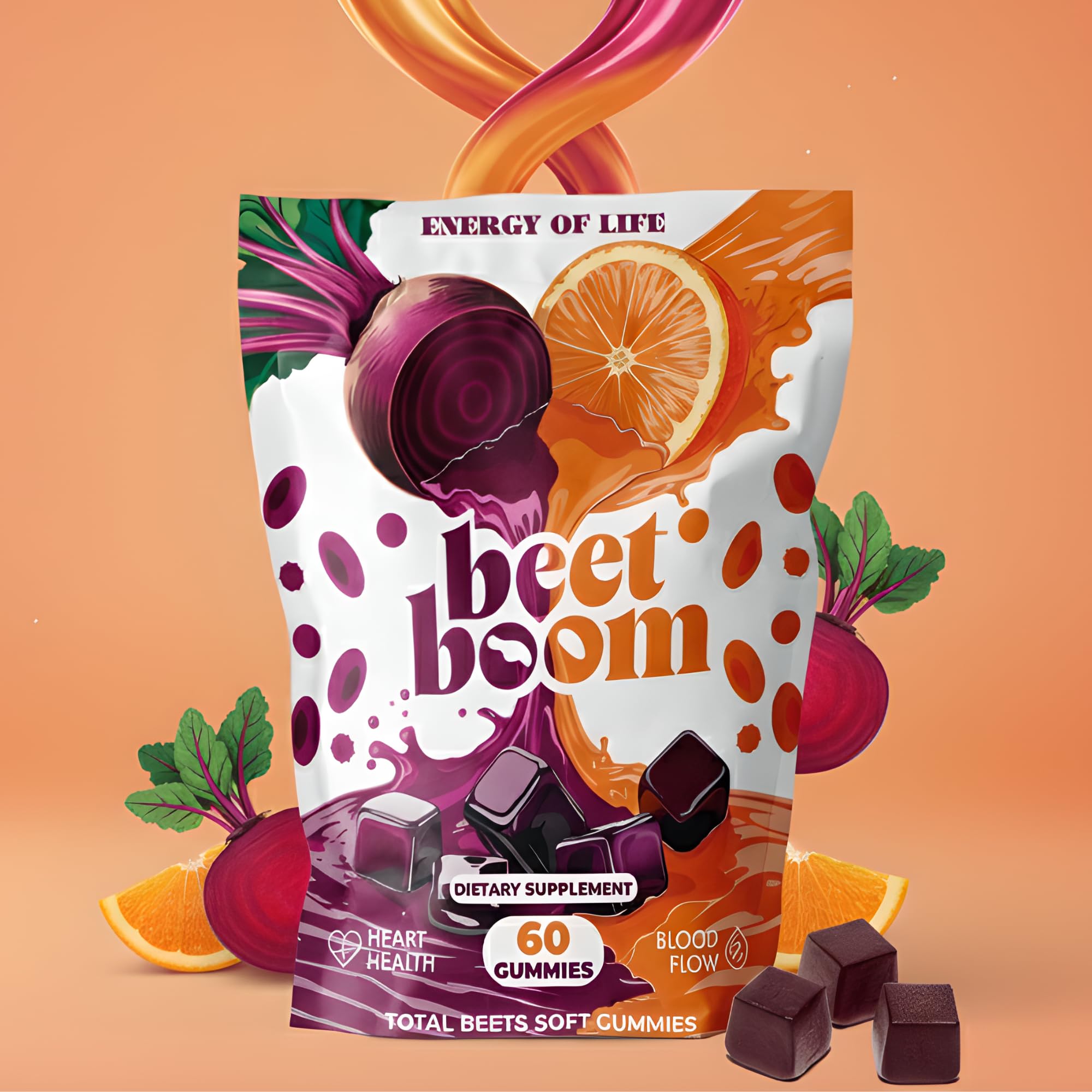 Energy of Life vegan beet chews closeup with natural ingredients.
