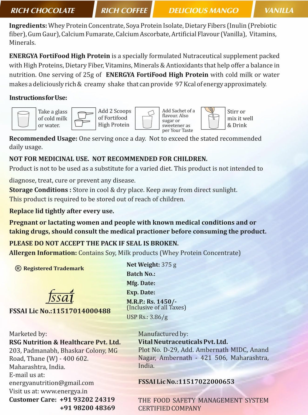 ENERGYA FORTIFOOD vitamins minerals chart emphasizes daily support
