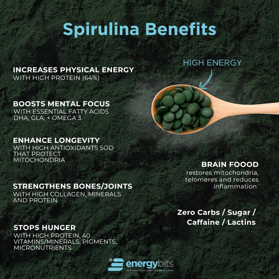 ENERGYBITS packaging label showing vegan, gluten-free energy source.