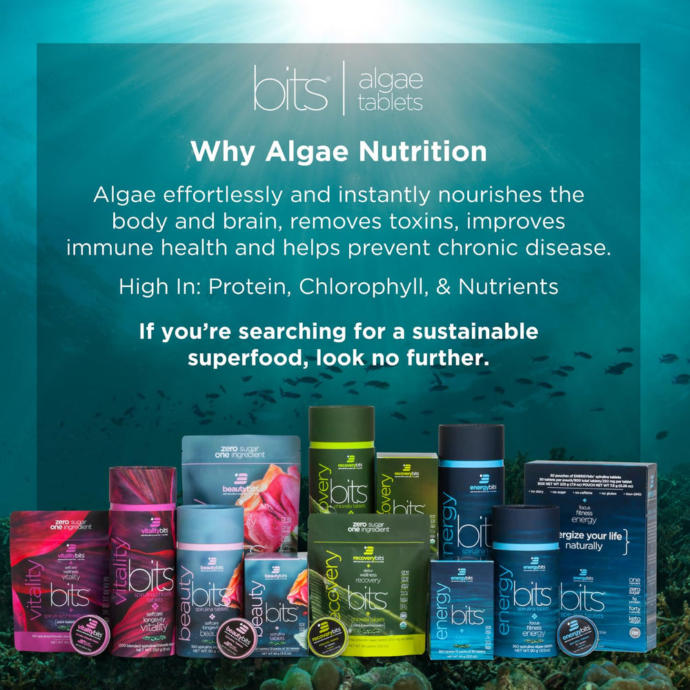 ENERGYBITS spirulina tablets dispensed for quick daily energy