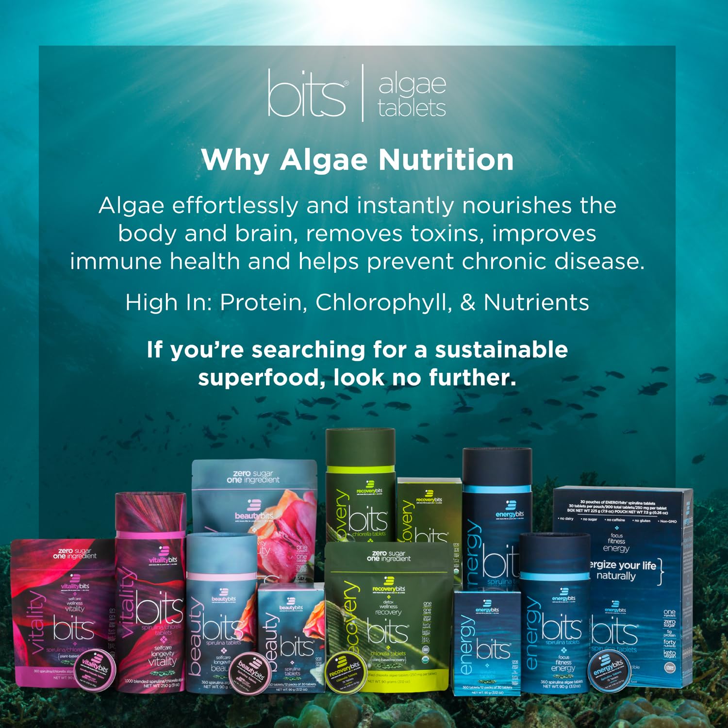 ENERGYBITS plant-based tablets on label highlight protein and vegan nutrition