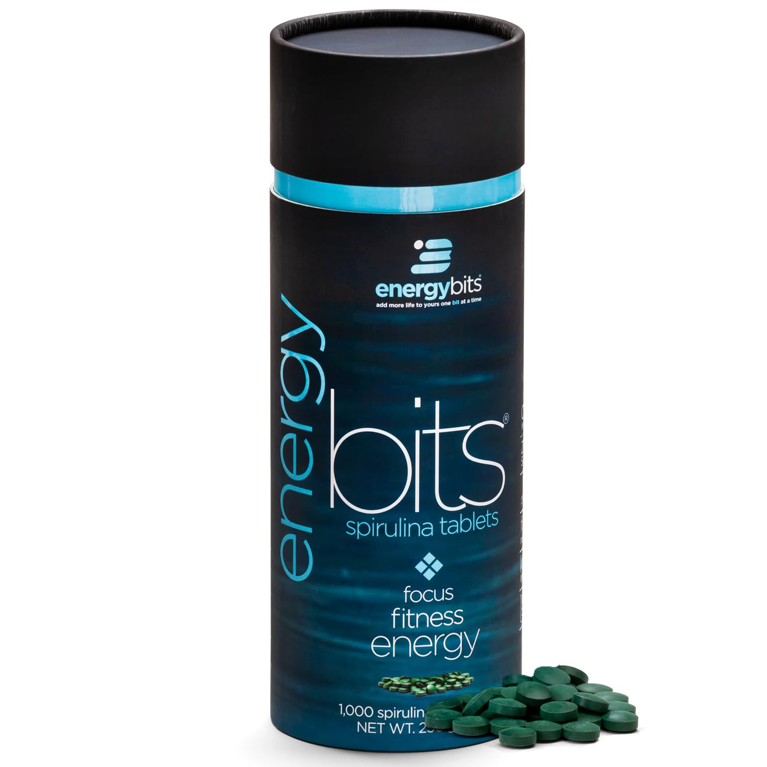 ENERGYBITS spirulina tablets on packaging close-up for easy on-the-go energy