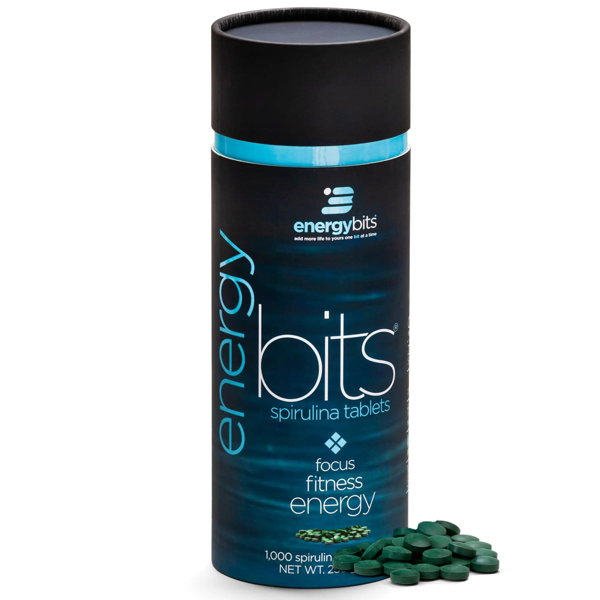 ENERGYBITS spirulina tablets on packaging close-up for easy on-the-go energy