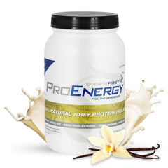 EnergyFirst Vanilla Whey Protein Isolate bottle close-up showing grass-fed quality.