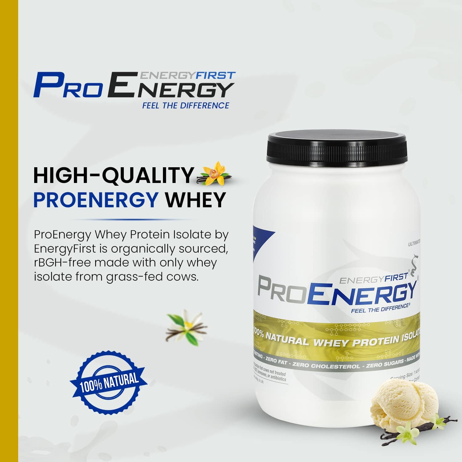 EnergyFirst Vanilla Whey Protein Isolate scoop beside a smoothie for quick nutrition.