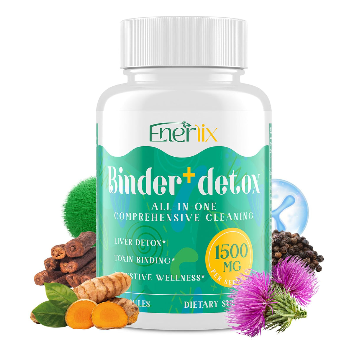 Enerlix 15-in-1 Detox Binder bottle shown, suggesting comprehensive cleanse potential and convenient daily use.