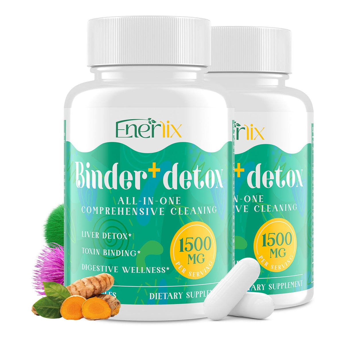 Enerlix activated charcoal bottle showing potential full-body detox support.