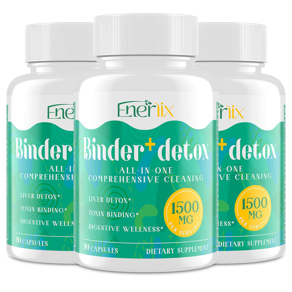 Enerlix Detox Binder bottle label with 270 vegan capsules for daily detox support.