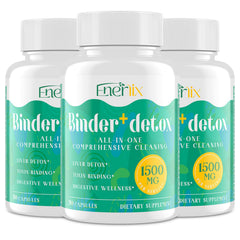 Enerlix Detox Binder bottle label with 270 vegan capsules for daily detox support.