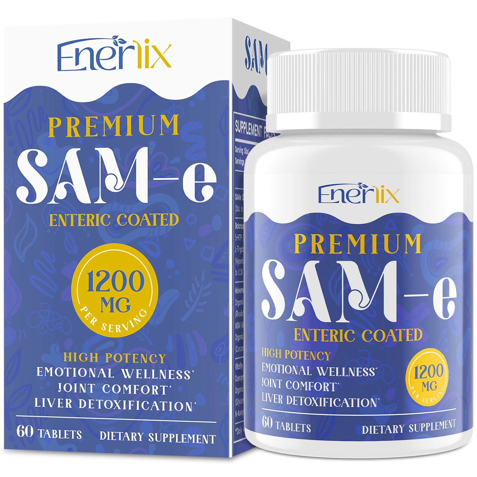 Enerlix SAM-e bottle front highlights vegan, high-potency formula for daily wellness.