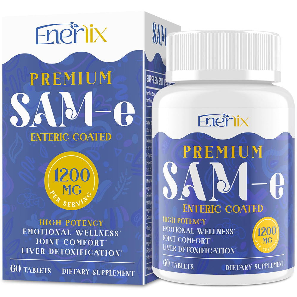 Enerlix SAM-e bottle front highlights vegan, high-potency formula for daily wellness.