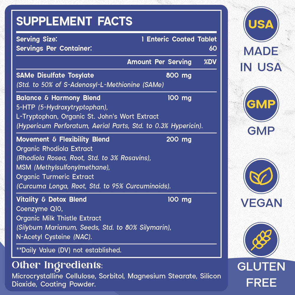 Enerlix SAM-e tablet closeup reveals enteric-coated tablets for optimized absorption.