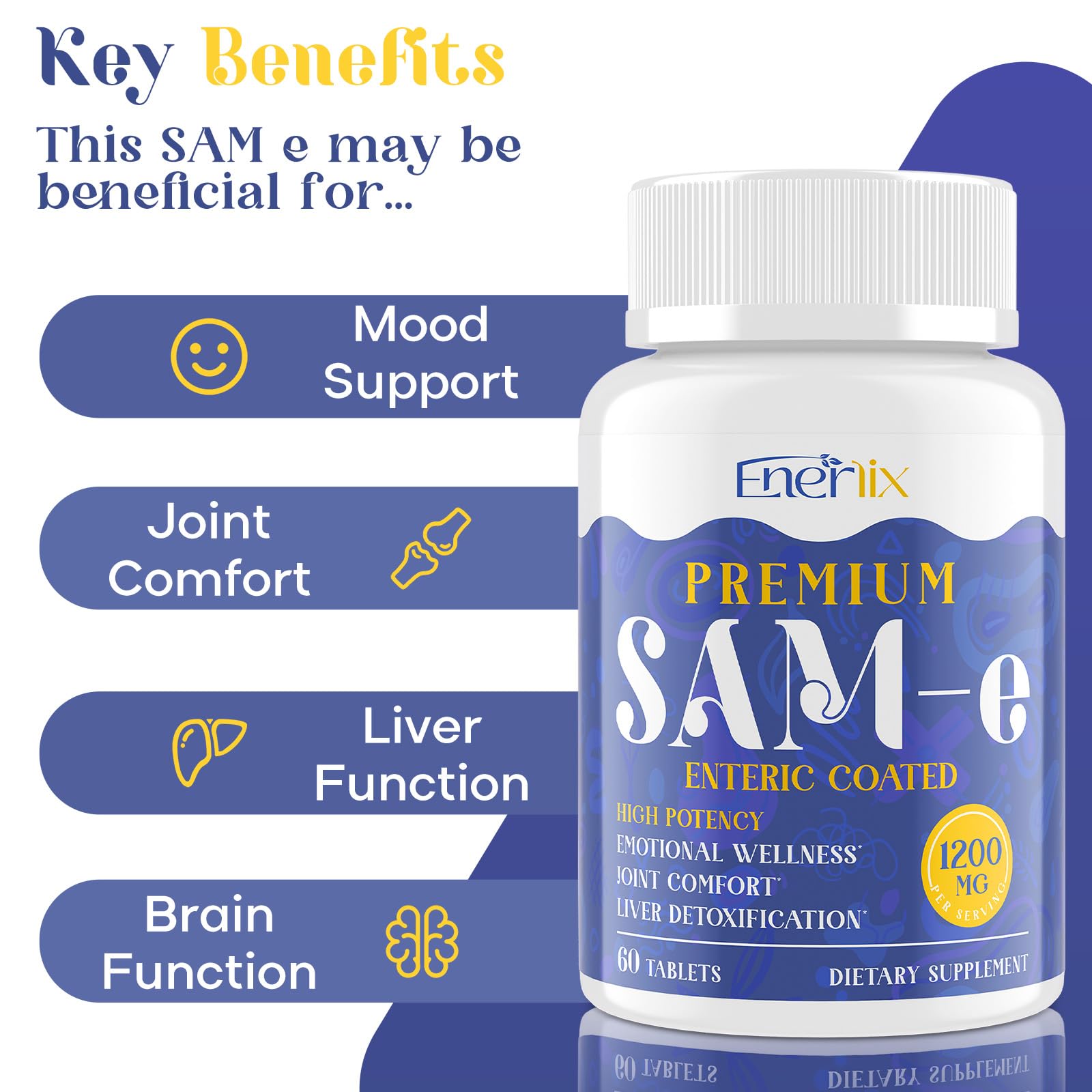 Enerlix SAM-e packaging highlights vegan and gluten-free benefits.