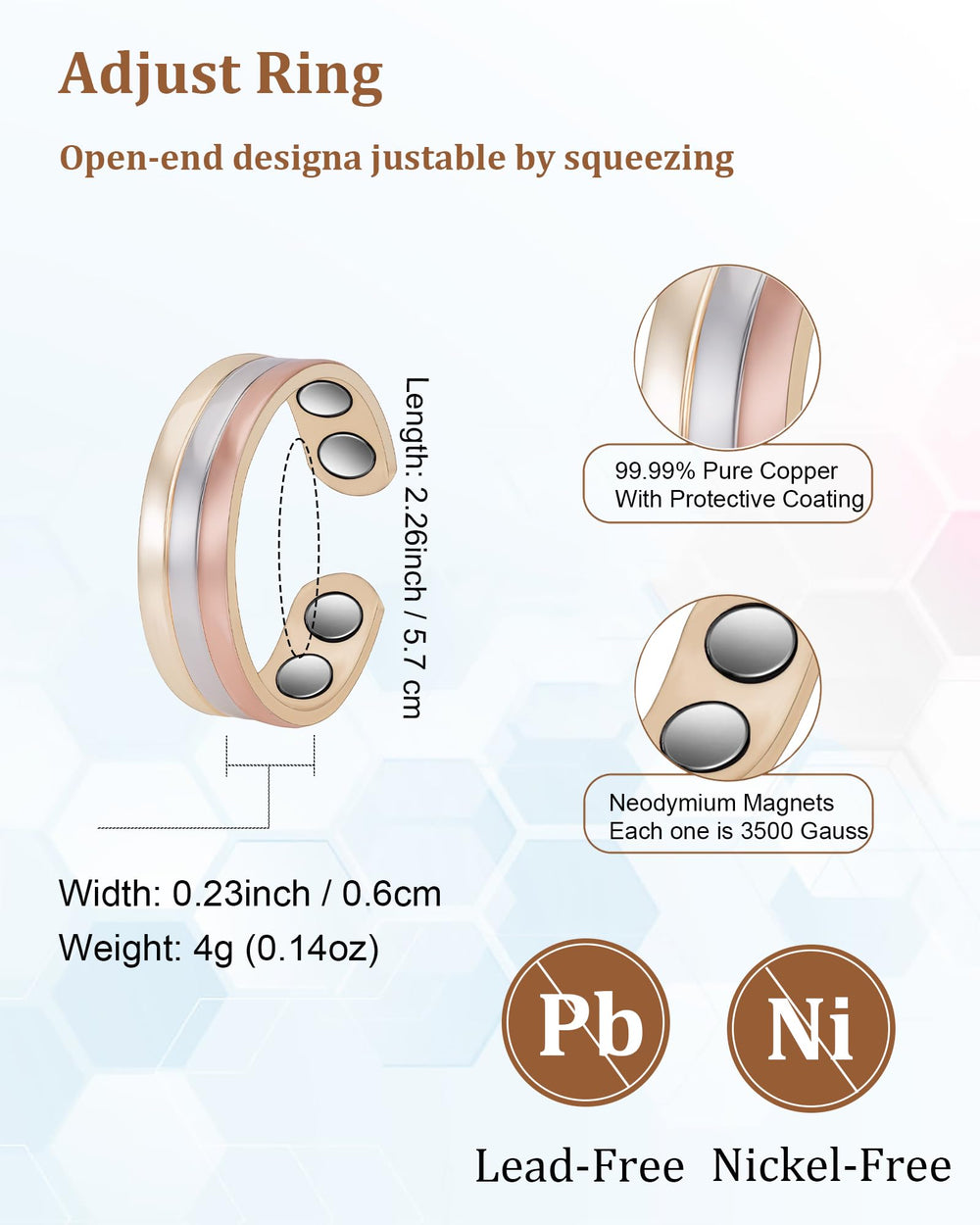 EnerMagiX copper rings, adjustable fit, close-up, demonstrating easy resizing.