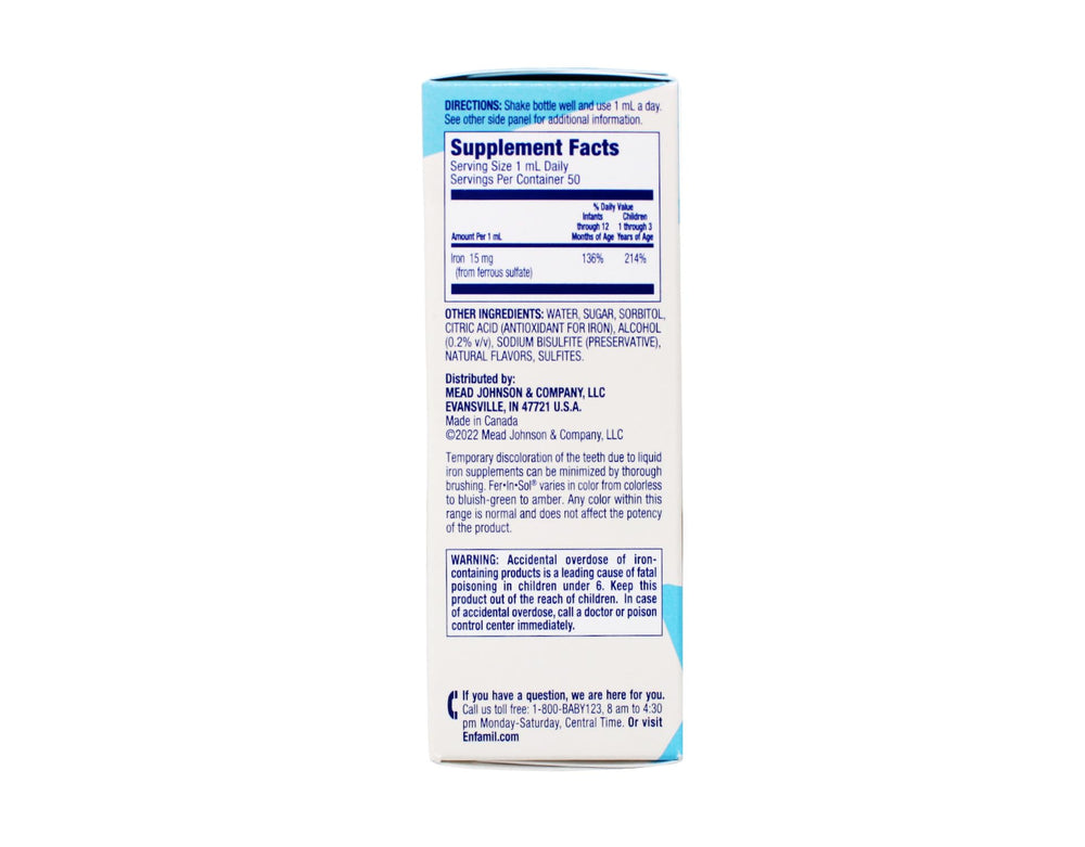 Enfamil Fer-In-Sol label displays a 15 mg daily iron dose.