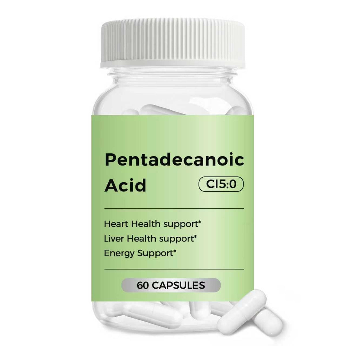 Engtozl Pentadecanoic Acid capsules, front view, supports cellular health and metabolic balance.