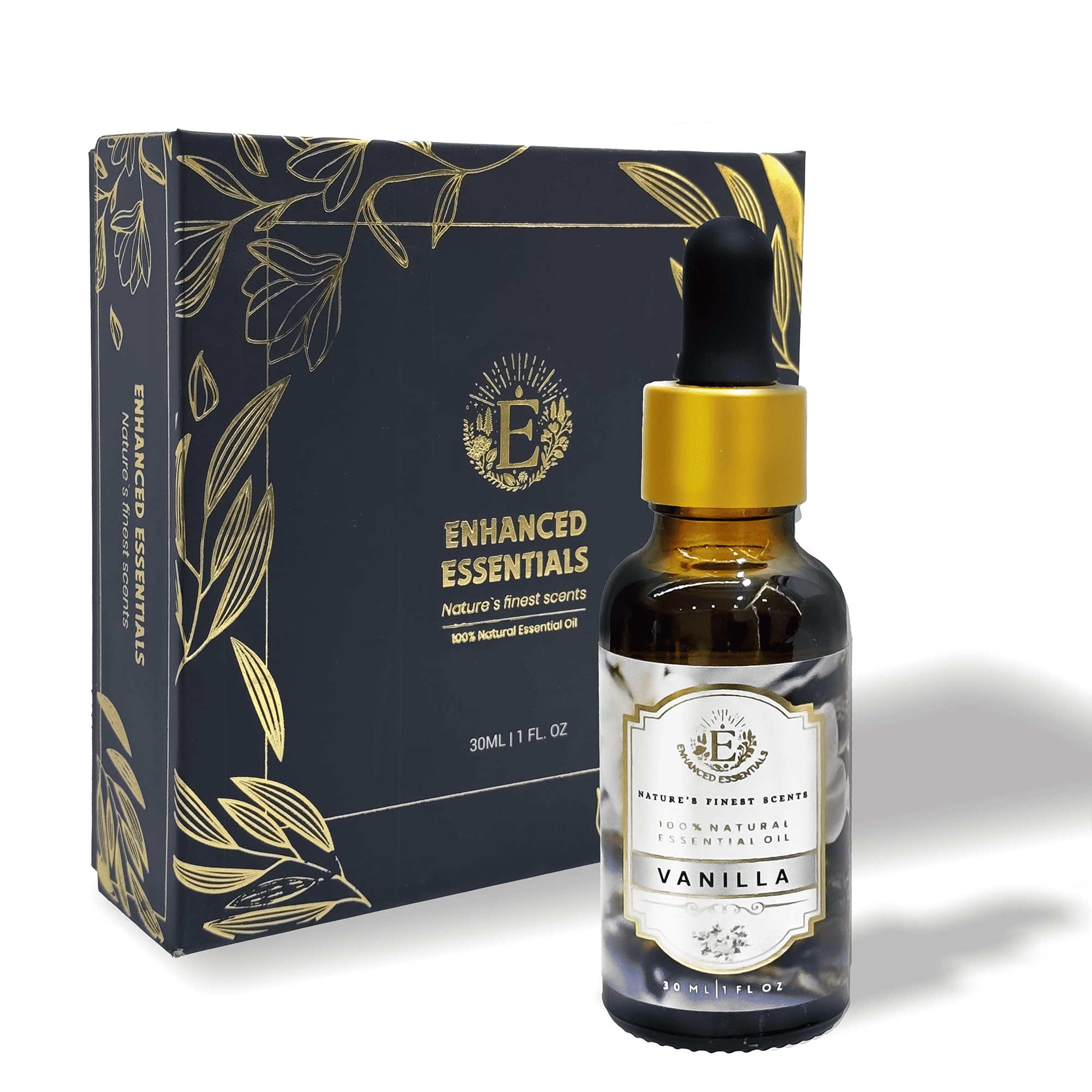 Enhanced Essentials Absolute Vanilla Oil bottle showcases pure vanilla aroma for calm, cozy spaces.