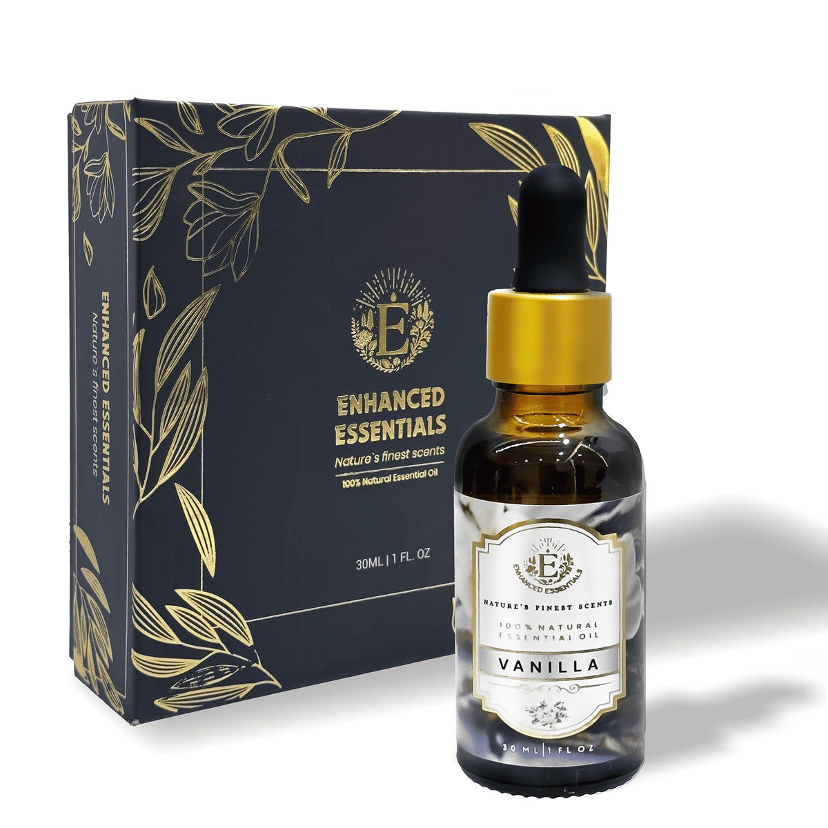 Enhanced Essentials Absolute Vanilla Oil bottle showcases pure vanilla aroma for calm, cozy spaces.