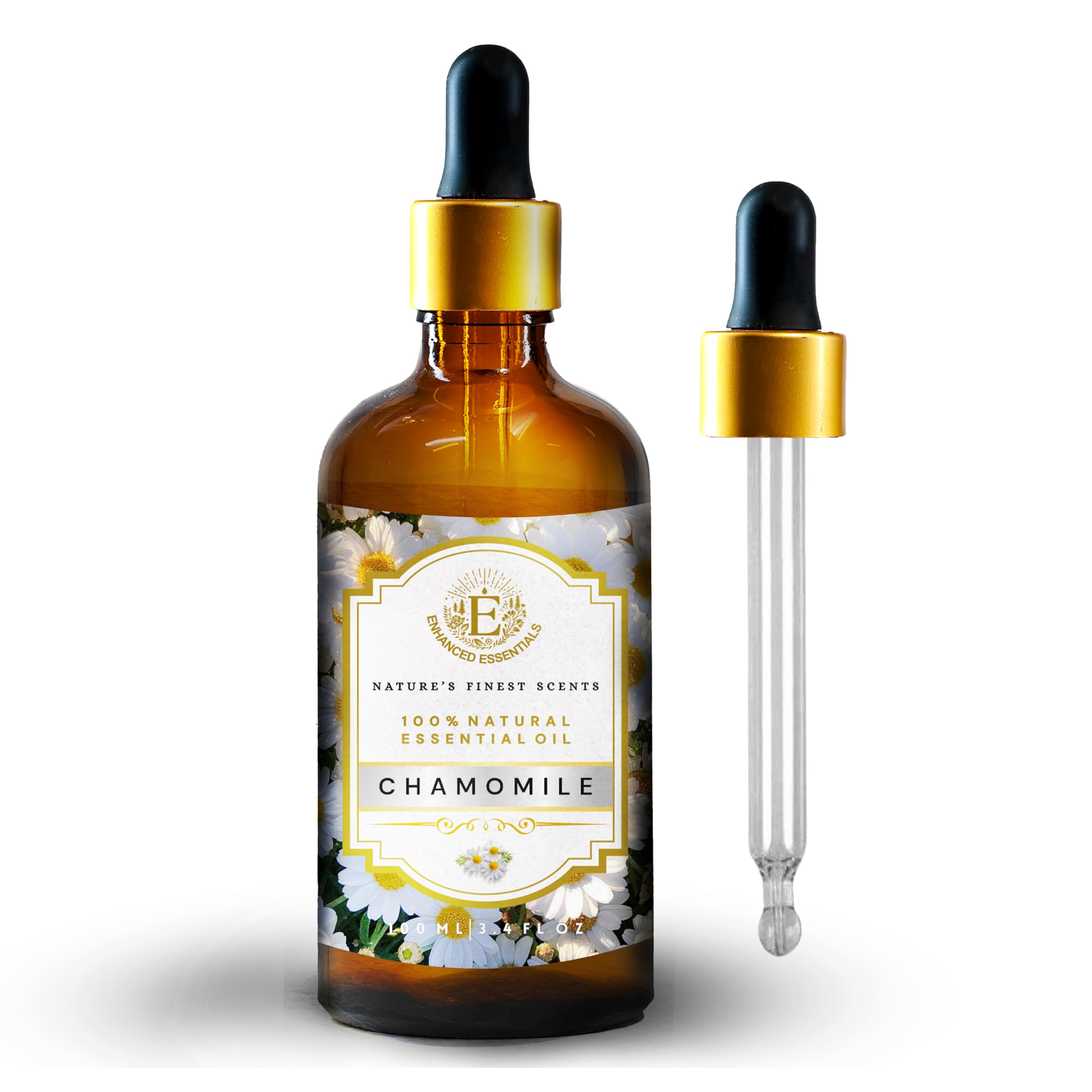 Enhanced Essentials Chamomile essential oil bottle close-up showing label